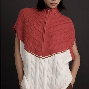 Maeve Red and White Cable Knit Poncho